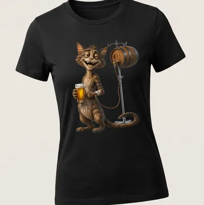 Humorous cartoon cat holding beer beside a barrel, with playful text — printed on a women's shirt