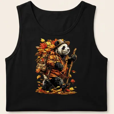 Colorful cartoon panda hiking among autumn leaves in red, orange, yellow, and brown — printed on a tank top