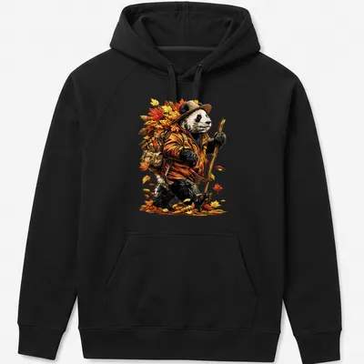 Colorful cartoon panda hiking among autumn leaves in red, orange, yellow, and brown — printed on a unisex hoodie