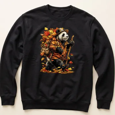 Colorful cartoon panda hiking among autumn leaves in red, orange, yellow, and brown — printed on a unisex sweatshirt