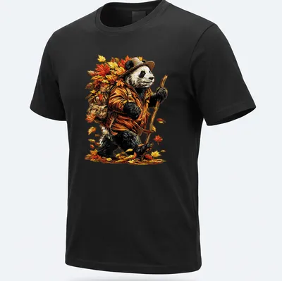 Colorful cartoon panda hiking among autumn leaves in red, orange, yellow, and brown — printed on a unisex t-shirt