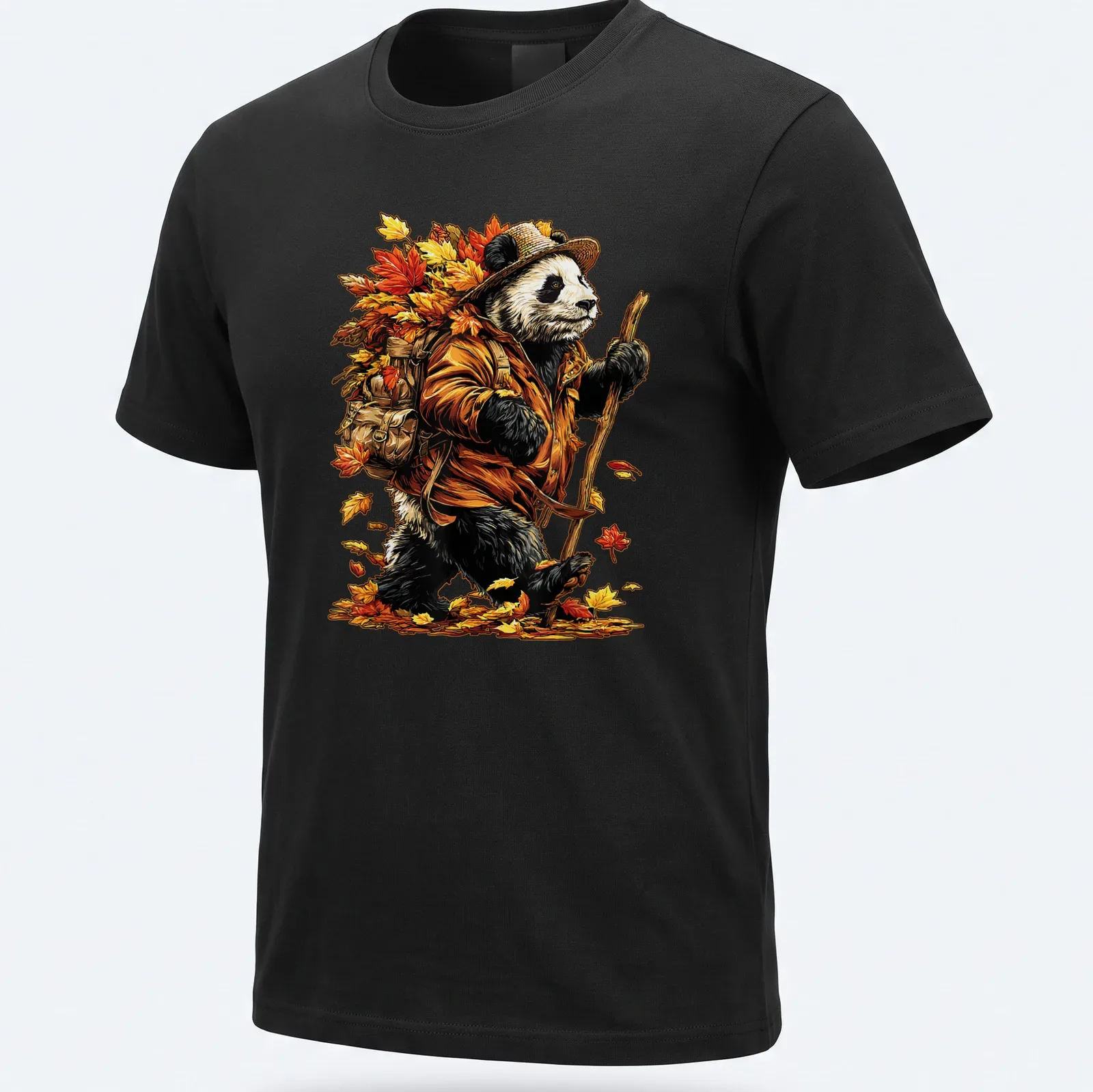 Colorful cartoon panda hiking among autumn leaves in red, orange, yellow, and brown — printed on a unisex t-shirt