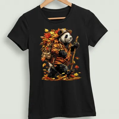 Colorful cartoon panda hiking among autumn leaves in red, orange, yellow, and brown — printed on a women's shirt