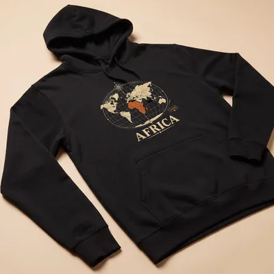 Vintage-style print of Africa 2026 map in warm colors — printed on a unisex hoodie