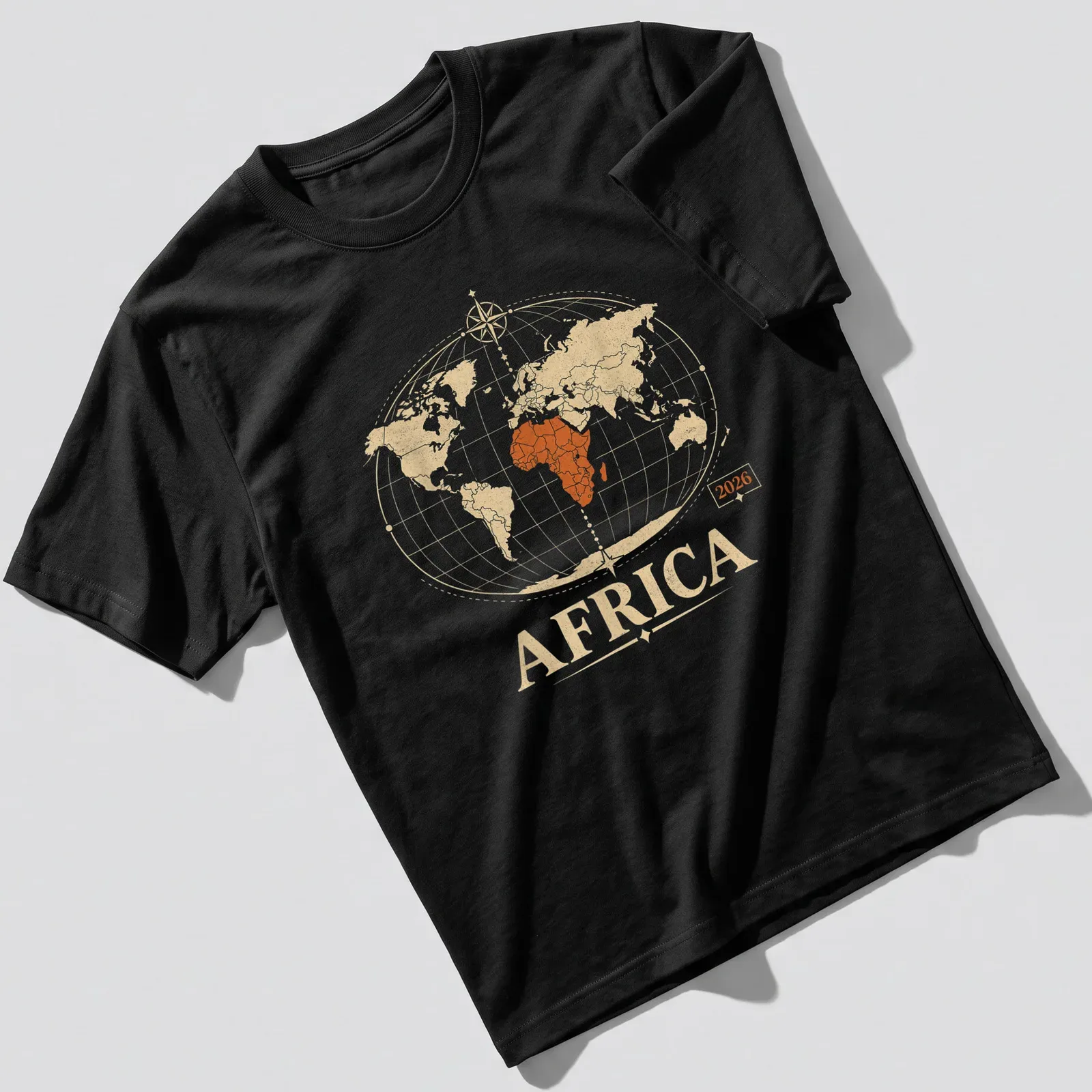 Vintage-style print of Africa 2026 map in warm colors — printed on a unisex t-shirt
