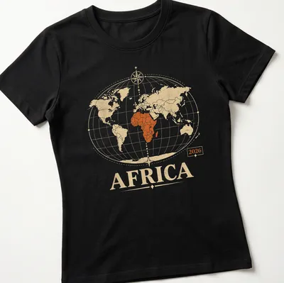 Vintage-style print of Africa 2026 map in warm colors — printed on a women's shirt