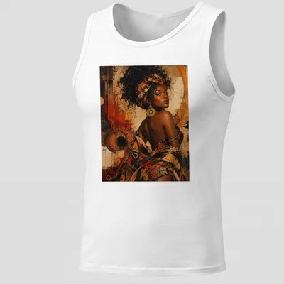 Abstract portrait of an African woman in vibrant colors of gold, red, and brown — printed on a tank top