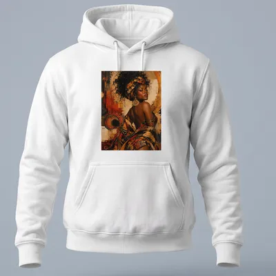 Abstract portrait of an African woman in vibrant colors of gold, red, and brown — printed on a unisex hoodie