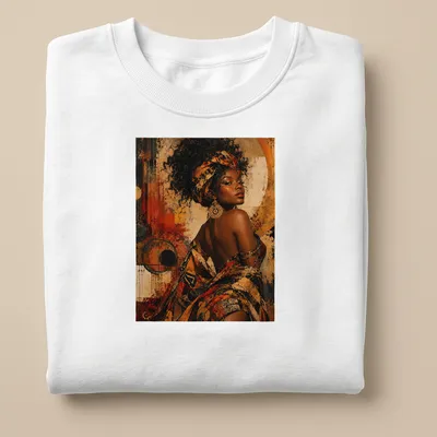 Abstract portrait of an African woman in vibrant colors of gold, red, and brown — printed on a unisex sweatshirt