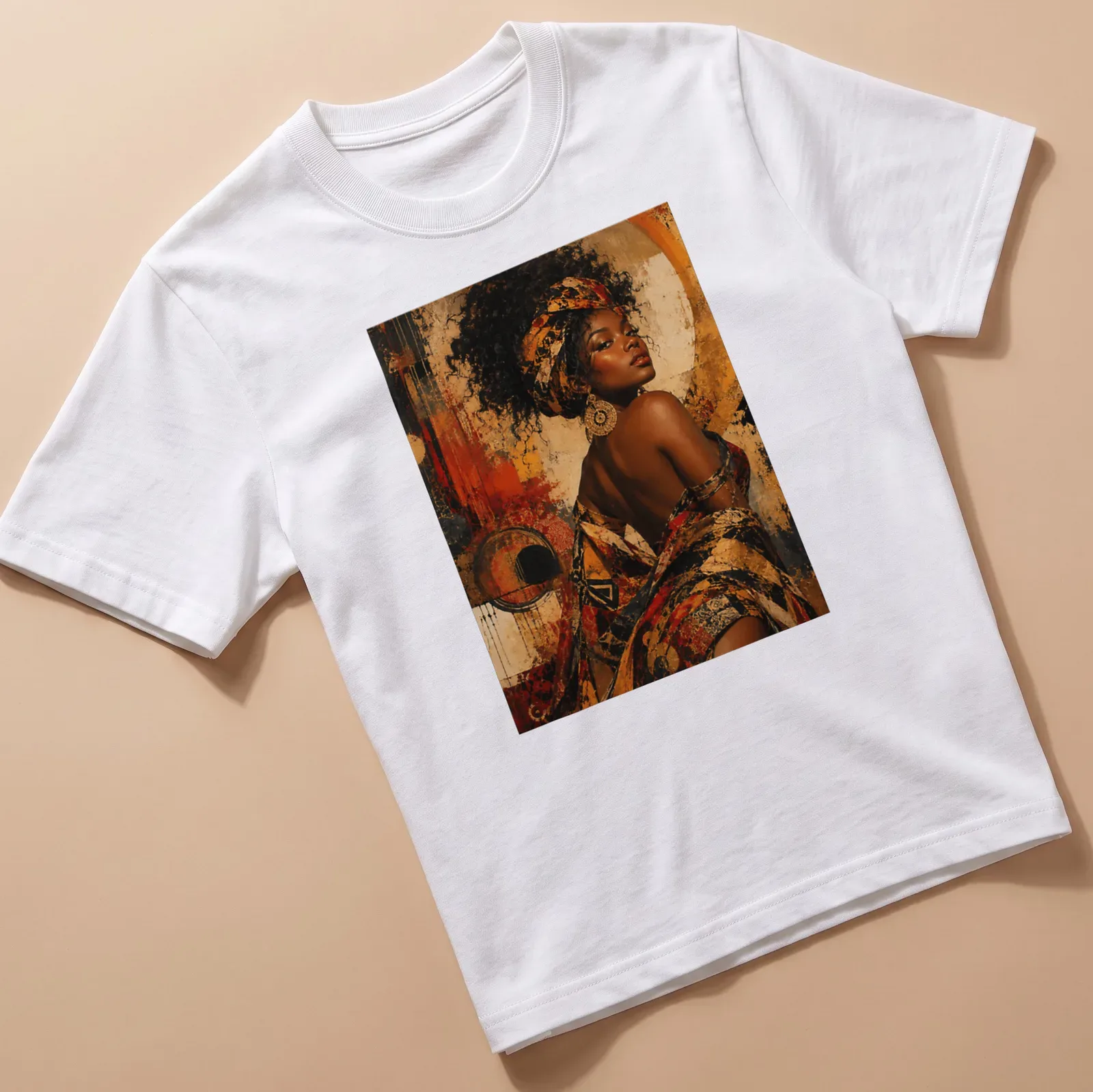 Abstract portrait of an African woman in vibrant colors of gold, red, and brown — printed on a unisex t-shirt