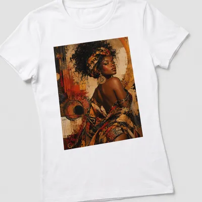 Abstract portrait of an African woman in vibrant colors of gold, red, and brown — printed on a women's shirt