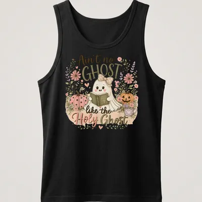 Cute kawaii ghost reading a Bible with pastel colors and playful text — printed on a tank top