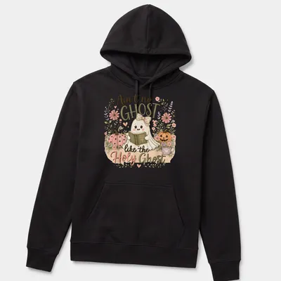 Cute kawaii ghost reading a Bible with pastel colors and playful text — printed on a unisex hoodie