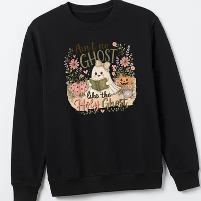 Cute kawaii ghost reading a Bible with pastel colors and playful text — printed on a unisex sweatshirt