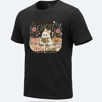 Cute kawaii ghost reading a Bible with pastel colors and playful text — printed on a unisex t-shirt