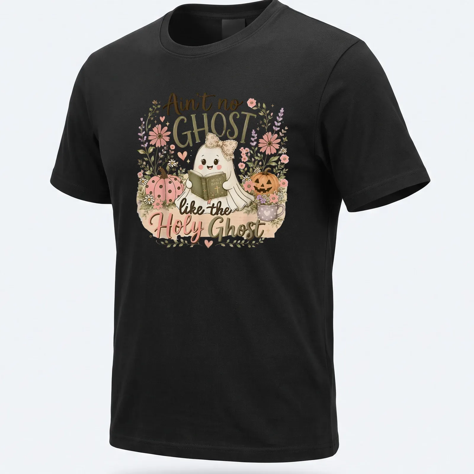Cute kawaii ghost reading a Bible with pastel colors and playful text — printed on a unisex t-shirt