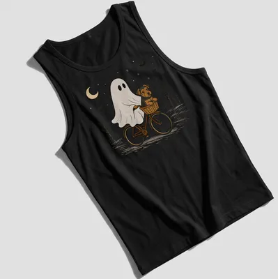 Cartoon Airedale Terrier ghost riding a bicycle in Halloween colors — printed on a tank top