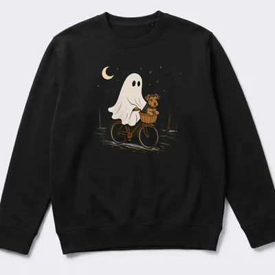 Cartoon Airedale Terrier ghost riding a bicycle in Halloween colors — printed on a unisex sweatshirt