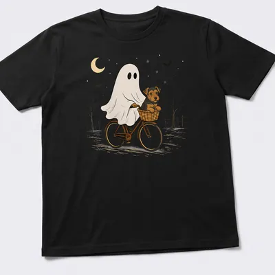 Cartoon Airedale Terrier ghost riding a bicycle in Halloween colors — printed on a unisex t-shirt