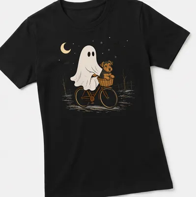 Cartoon Airedale Terrier ghost riding a bicycle in Halloween colors — printed on a women's shirt