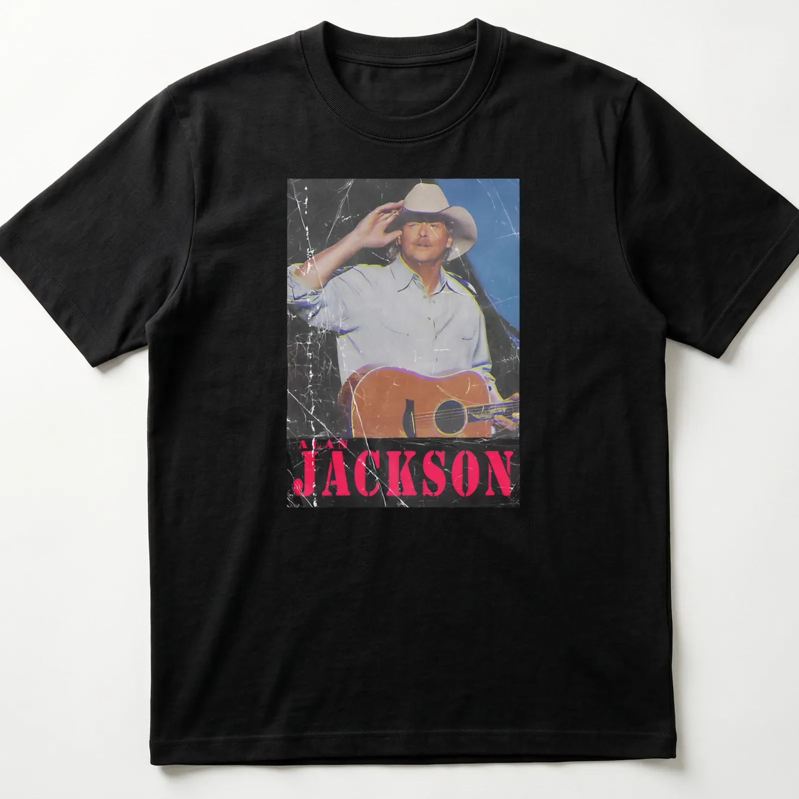 Vintage distressed Alan Jackson t-shirt featuring a guitar illustration — printed on a unisex t-shirt