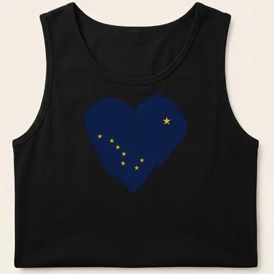Distressed print of Alaska flag in heart shape, navy blue and yellow — printed on a tank top