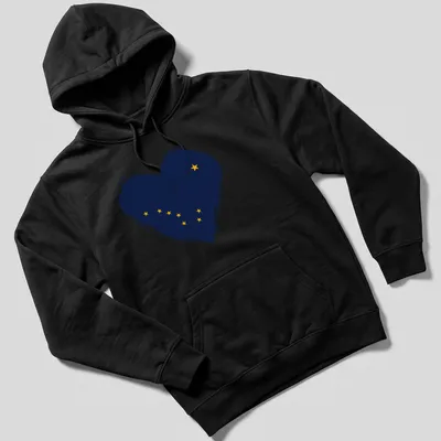 Distressed print of Alaska flag in heart shape, navy blue and yellow — printed on a unisex hoodie