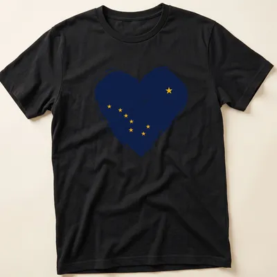Distressed print of Alaska flag in heart shape, navy blue and yellow