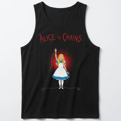 Illustration of a girl in a blue dress with chains next to Alice In Chains text — printed on a tank top