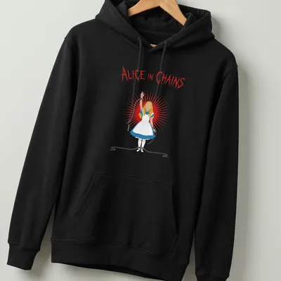 Illustration of a girl in a blue dress with chains next to Alice In Chains text — printed on a unisex hoodie