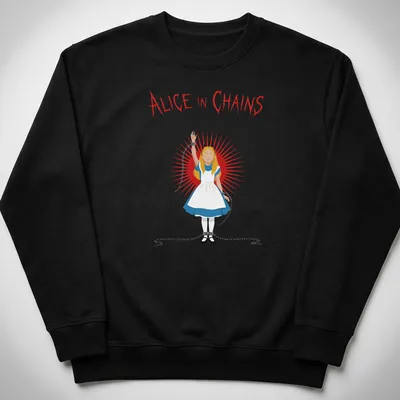 Illustration of a girl in a blue dress with chains next to Alice In Chains text — printed on a unisex sweatshirt
