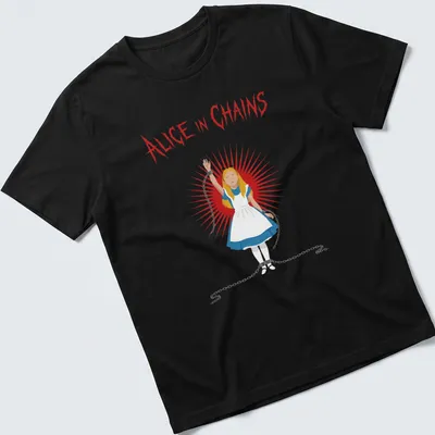 Illustration of a girl in a blue dress with chains next to Alice In Chains text — printed on a unisex t-shirt