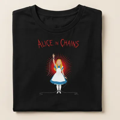 Illustration of a girl in a blue dress with chains next to Alice In Chains text — printed on a women's shirt