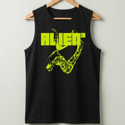 Bold graphic ALIEN³ t-shirt featuring an alien creature in neon yellow and black. — printed on a tank top