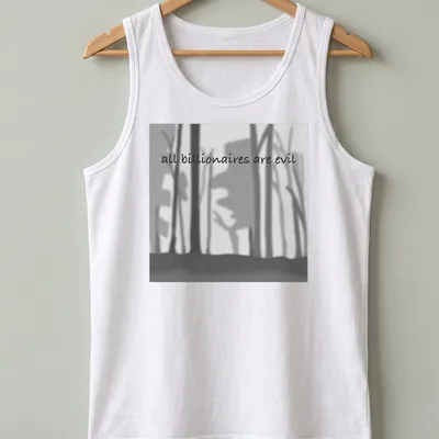 Minimalist silhouette design with text 'all billionaires are evil' in black, grey, and white. — printed on a tank top