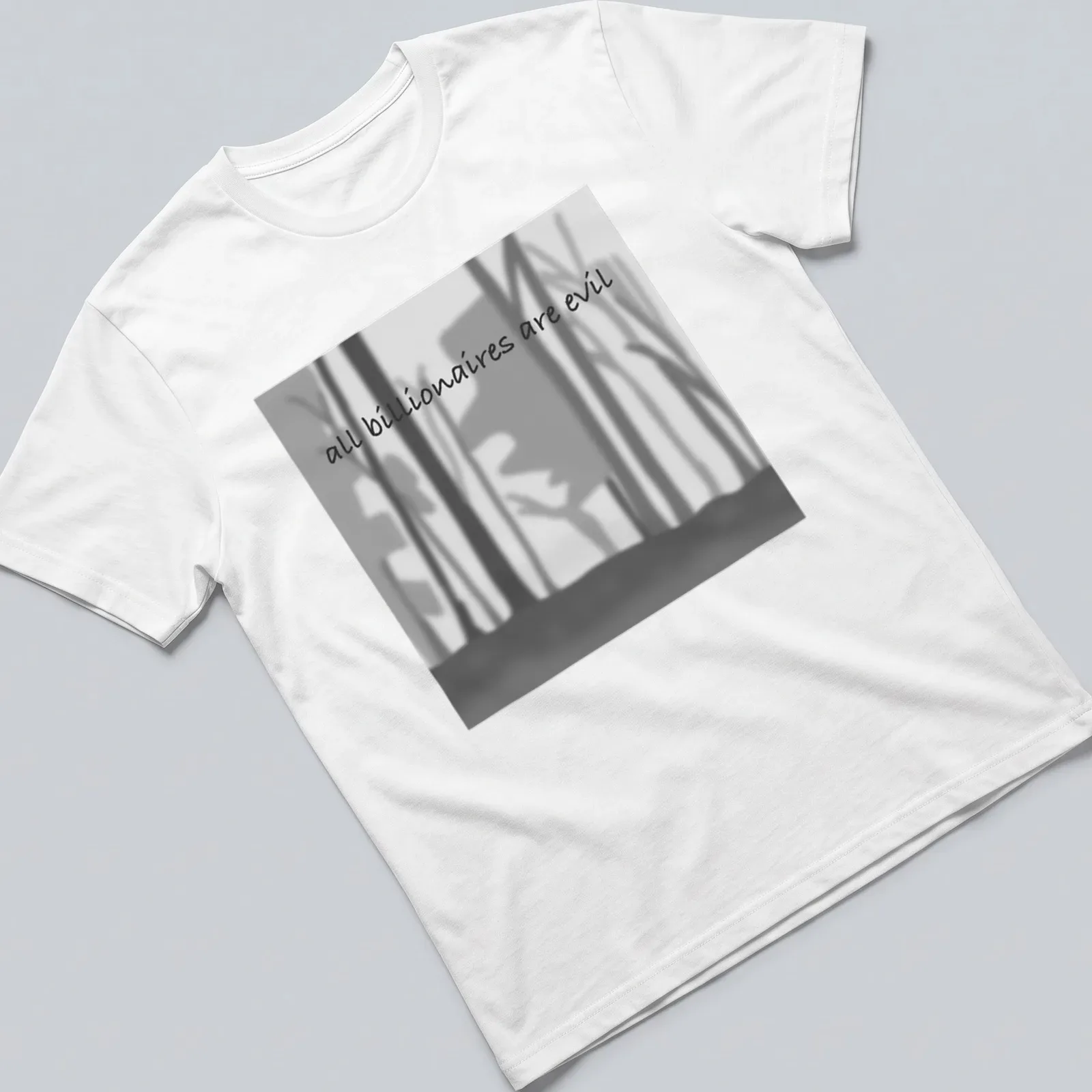 Minimalist silhouette design with text 'all billionaires are evil' in black, grey, and white. — printed on a unisex t-shirt