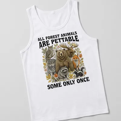 Vintage illustration of forest animals with humorous text about petting them — printed on a tank top