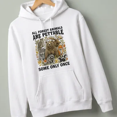 Vintage illustration of forest animals with humorous text about petting them — printed on a unisex hoodie