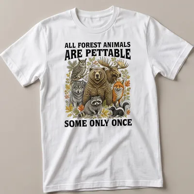 Vintage illustration of forest animals with humorous text about petting them