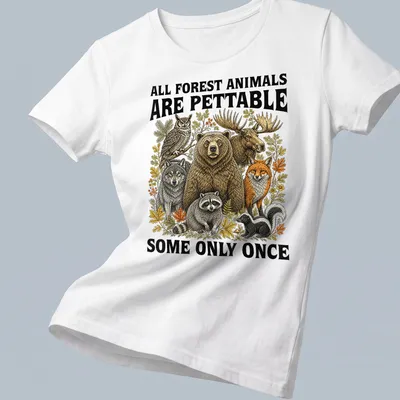 Vintage illustration of forest animals with humorous text about petting them — printed on a women's shirt