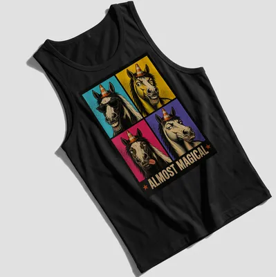 Retro pop art featuring funny horses and the text Almost Magical in vibrant colors — printed on a tank top