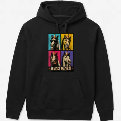 Retro pop art featuring funny horses and the text Almost Magical in vibrant colors — printed on a unisex hoodie