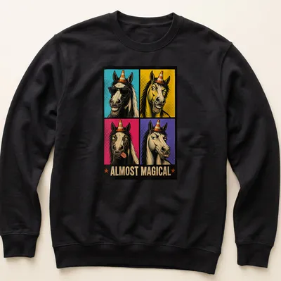 Retro pop art featuring funny horses and the text Almost Magical in vibrant colors — printed on a unisex sweatshirt