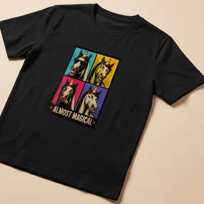 Retro pop art featuring funny horses and the text Almost Magical in vibrant colors — printed on a unisex t-shirt
