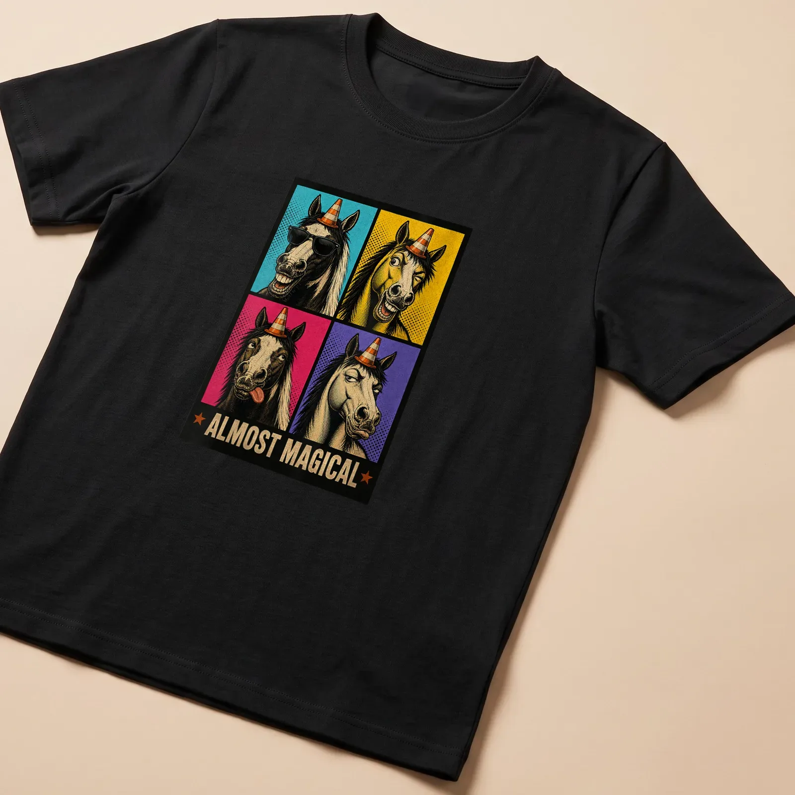 Retro pop art featuring funny horses and the text Almost Magical in vibrant colors — printed on a unisex t-shirt