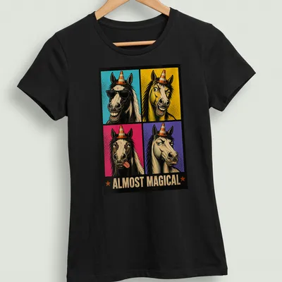 Retro pop art featuring funny horses and the text Almost Magical in vibrant colors — printed on a women's shirt