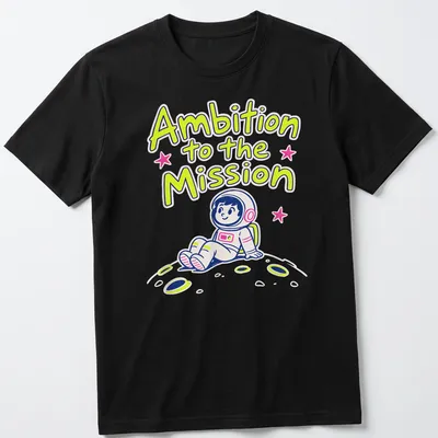 Kawaii astronaut sitting on the moon with stars in a colorful design. — printed on a unisex t-shirt