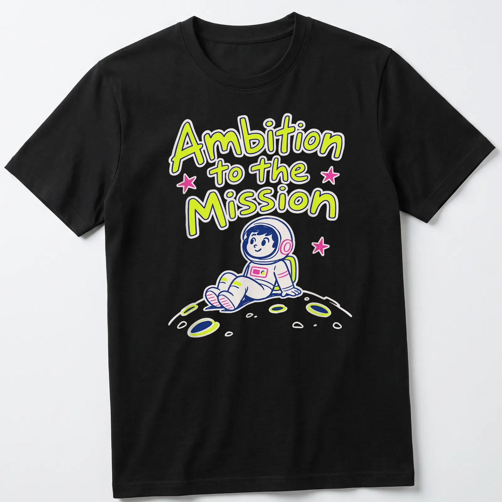 Kawaii astronaut sitting on the moon with stars in a colorful design. — printed on a unisex t-shirt