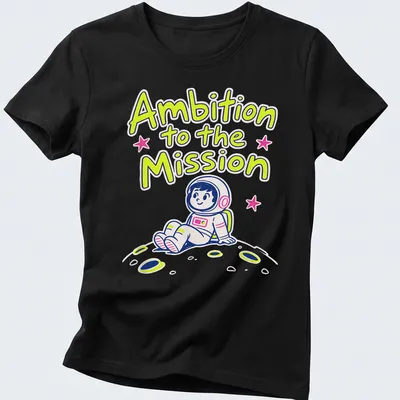 Kawaii astronaut sitting on the moon with stars in a colorful design. — printed on a women's shirt