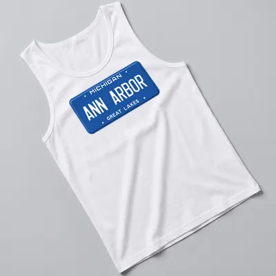 Vintage-style t-shirt featuring a Michigan license plate graphic in blue and white — printed on a tank top